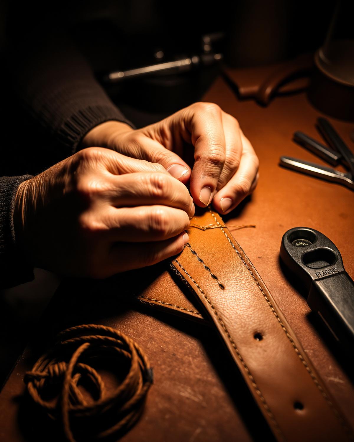 Master craftsman saddle-stitching leather